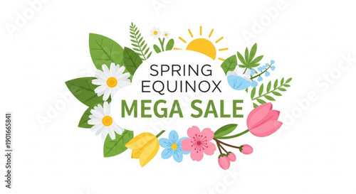 Vibrant spring equinox mega sale sign with floral wreath and sunny background