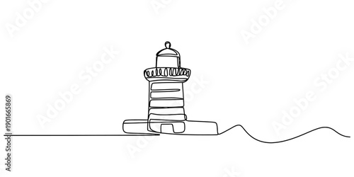 A continuous line drawing of a lighthouse standing tall on a simple horizon line Vector, illustration