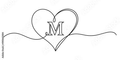 A continuous single line drawing of a heart shape with the capital letter 'm' inside, on a white background Vector, illustration