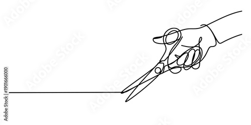 Continuous line drawing of a hand holding scissors and cutting along a straight line. Vector, illustration