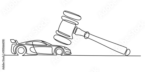 Continuous line drawing of a judge gavel hitting a sports car representing legal issues Vector, illustration