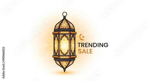 Glowing lantern with trending sale text on white background
