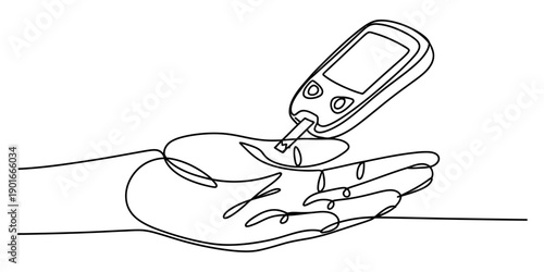 Continuous line drawing of a hand using a glucose meter to check blood sugar levels at home Vector, illustration