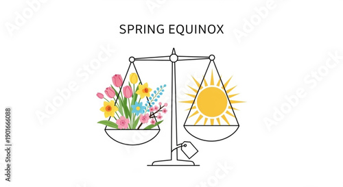Spring equinox symbol with balance scale flowers and sun on white