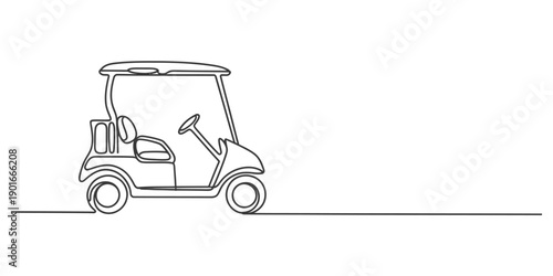 Continuous line drawing of a classic electric golf cart on a flat horizontal ground Vector, illustration