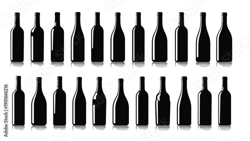 Collection of Wine Bottle Silhouettes Black and White Vector Set, Various Alcoholic Drink Containers, Red and White Wine Bar Menu Icons, Beverage Graphic Design Elements.