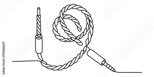 A simple black and white line drawing illustration showing a twisted audio cable with connectors on both ends Vector, illustration