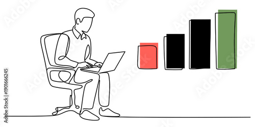 Continuous line drawing of a man sitting at a desk with laptop and a rising bar chart Vector, illustration