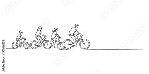 A simple line drawing of a happy family of four people riding bicycles together in a row. Vector, illustration