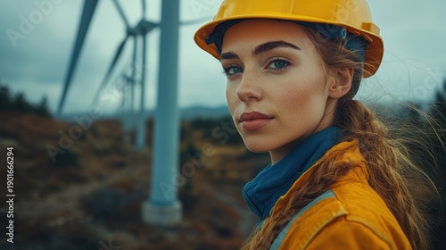 Wallpaper Mural Female Engineer Inspecting Wind Turbines in Field. Torontodigital.ca