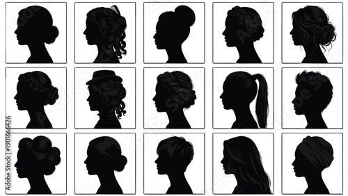 Collection of Women's Diverse Hair Style Silhouettes Vector Set: Elegant Female Beauty Profile Portraits, Hairdos, Updos, Braids, Ponytail, Short and Long Hair.