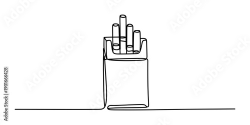 Minimalist single line art illustration of an open cigarette box with several cigarettes isolated on white background, Vector, illustration