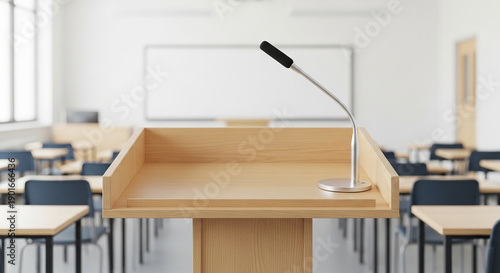 Wooden podium with microphone in an empty classroom