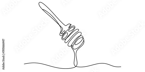 Continuous line drawing of a honey dipper with a single drop of honey falling down. Vector, illustration