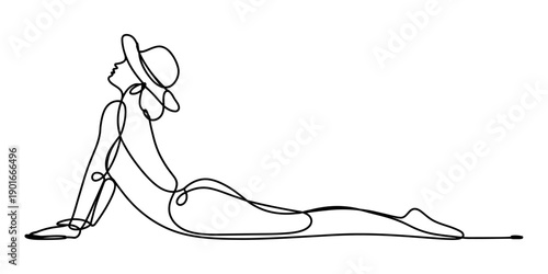 Continuous line drawing of a person performing a cobra yoga pose while wearing a sun hat. isolated on white background, Vector, illustration