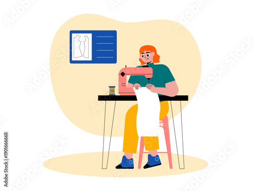 A fashion designer or tailor who is taking sewing courses in his studio or home workshop. Course illustrations. Flat vector illustration concepts.