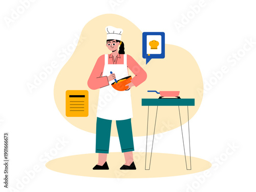 Female chefs take online cooking courses or cook at home. Course illustrations. Flat vector illustration concepts.