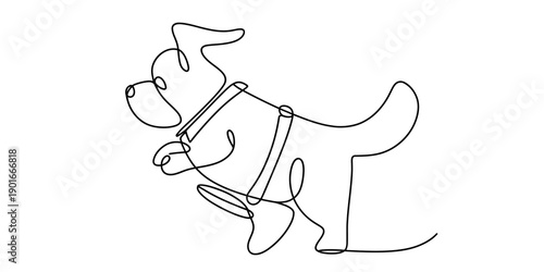 Minimalist single line art illustration of a cute puppy wearing a service dog vest isolated on white background, Vector, illustration
