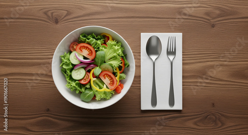 Fresh Garden Salad with Colorful Vegetables Served on a Rustic Wooden Table Alongside Polished Cutlery, Promoting Healthy Eating and Wellness