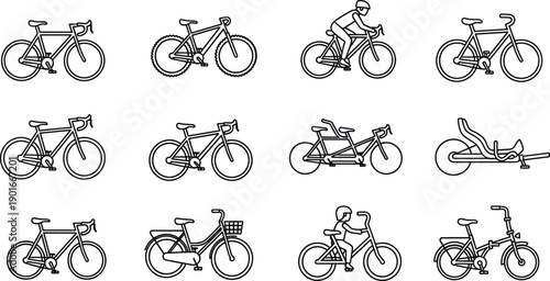 Bicycle illustration set with road mountain city bikes and riders, cycling transportation collection, black and white line art icons