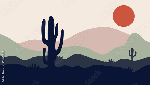 Flat image of desert and cactus plants