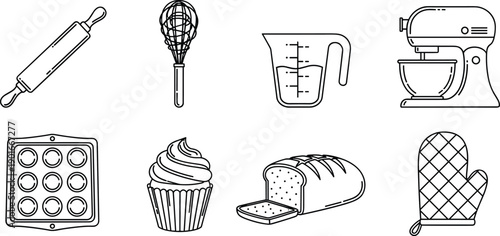 Black and white baking tools and pastry icons set illustration, rolling pin mixer cupcake bread oven mitt line art