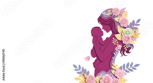 Tender Mother And Baby Silhouette With Blooming Pastel Floral Frame Illustration For Mother's Day And Maternity Care