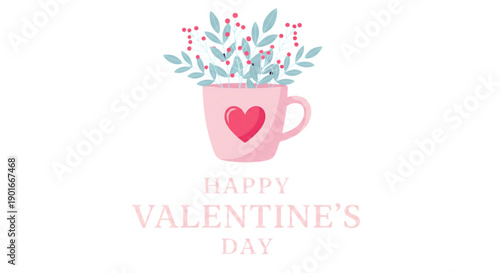 Happy Valentine's Day Mug with Heart and Berries Sweet Romantic Holiday Greeting for Love Celebration Social Media Marketing