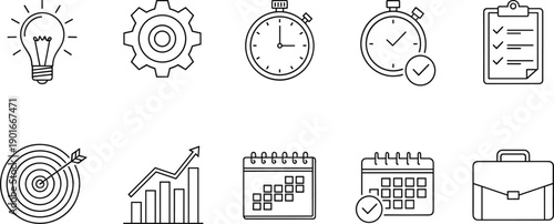 Black and white business productivity icons set illustration, idea gear timer checklist target chart calendar briefcase line art