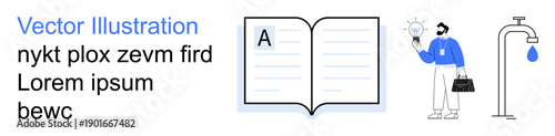 Education, innovation, knowledge sharing, resource management, sustainability, creativity. Open book, man with an idea water faucet with drop. Education and innovation concept