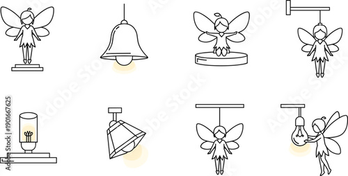 Black and white fairy lamp and lighting illustration set, cute fairy characters with hanging lights, decorative line art vector
