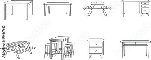 Black and white furniture table collection illustration, dining desk picnic work tables nightstand line art vector home interior set