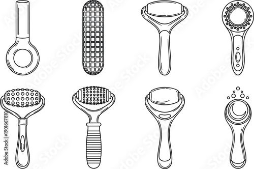 Black and white kitchen peeler and grater tools set illustration, vegetable fruit peeling utensils, minimal line art cooking icons collection