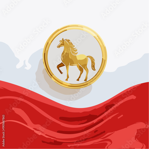 An elegant golden horse icon, majestically placed within a shining circular frame, set against a dynamic backdrop of flowing red and white fabric, symbolizing power and national pride