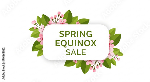 Spring equinox sale banner with floral wreath and green text on white background