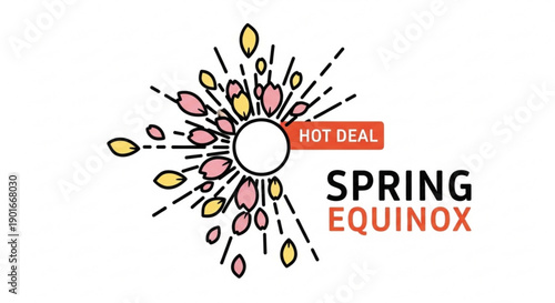 Vibrant spring equinox hot deal graphic with sun and leaves