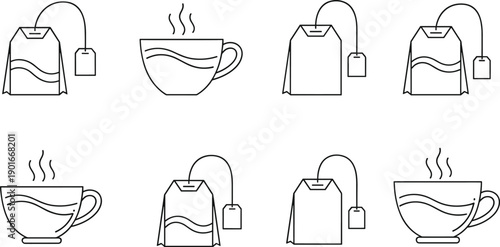 Black and white tea cup and tea bag icons set illustration, hot beverage brewing symbols, minimal line art vector