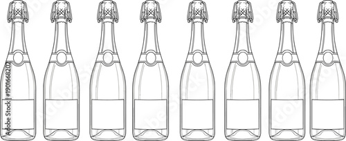 Champagne bottle illustration set, sparkling wine bottles with blank labels, celebration beverage packaging, black and white outline line art