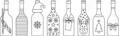 Christmas bottle illustration set, festive holiday wine bottles with winter icons, decorative seasonal designs, black and white line art