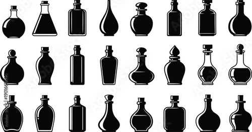 Collection of vintage glass bottle silhouettes, decorative container shapes, apothecary jar icons, elegant packaging design elements, black and white vector illustration
