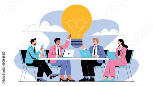 A diverse group of business professionals sitting around a table with laptops and having a meeting with a large lightbulb idea above them.