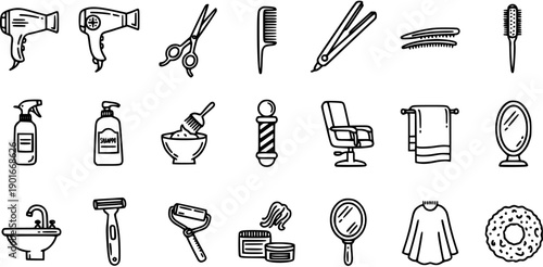 Hairdressing Salon and Barbershop Tools Equipment Vector Icon Set. Black and White Line Art Outline Glyphs for Hair Stylists and Barbers.