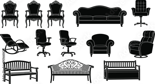 Collection of chair, sofa, bench, recliner and rocking chair silhouettes, elegant furniture set for home interior design and decor illustrations