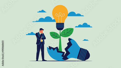 A businessman stands next to a lightbulb with a plant growing out of it, symbolizing innovation and new ideas.