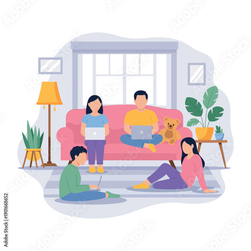 A family of four works from home on their laptops in a cozy living room with a pink couch and plants