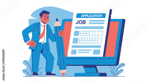 A cartoon man in a blue suit holding a giant pencil next to a computer with a job application on the screen.