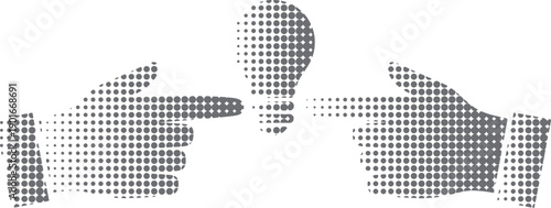 Two Halftone Hands Pointing at a Halftone Lightbulb, Symbolizing Ideas