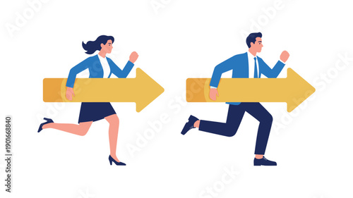 A man and woman in business attire running in opposite directions with large arrows