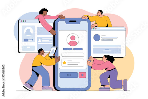 A group of people working together to create a user interface on a large smartphone screen