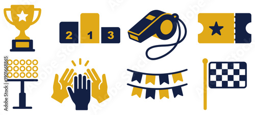 Set of sports competition and event icons including trophy, podium, whistle, ticket, stadium lights, cheering hands, flags, and finish flag